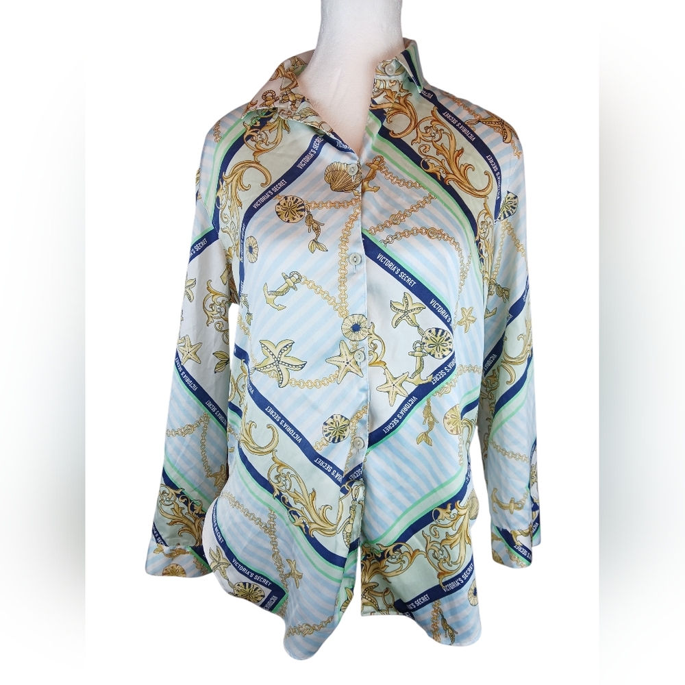 Victorias Secret Women's Button Up Nautical Seaside Scarf Logo Blouse ExtraSmall